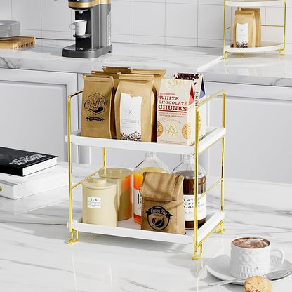 FSyueyun 2-Tier Bathroom Countertop Organizer, Tool-Less Premium Plastic Makeup Organizer - Bathroom Tray for Perfume, Skincare, Cosmetics on Dresser, or Bedroom(White and Gold)