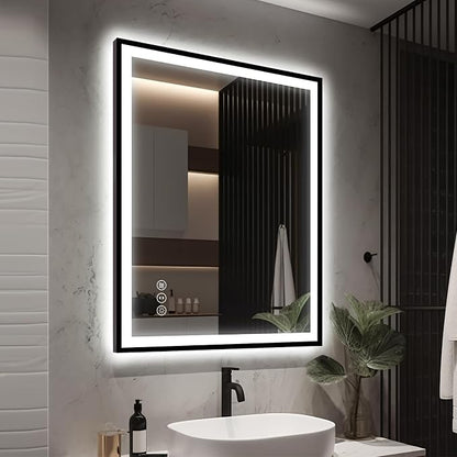 EchosLife 30x36 LED Bathroom Mirror with Lights - Black Framed | Black Frame, Front and Backlit, Anti-Fog, Stepless Dimmable, 3 Colors, Memory, Tempered Glass, UL Listed, Horizontal/Vertical