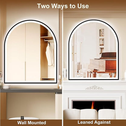 30"x36" Arched LED Lighted Bathroom Mirror with Lights | Black Aluminum Frame, Fogless, Dimmable, Shatterproof, Touch Sensor, 3 Color Changing
