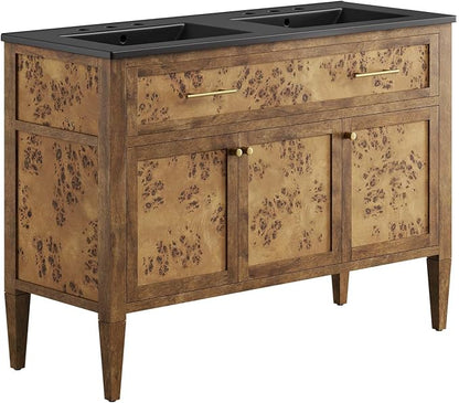 Modway Elysian 48" Burl Wood Double Bathroom Vanity in Black Brown with Ceramic Sink Basin