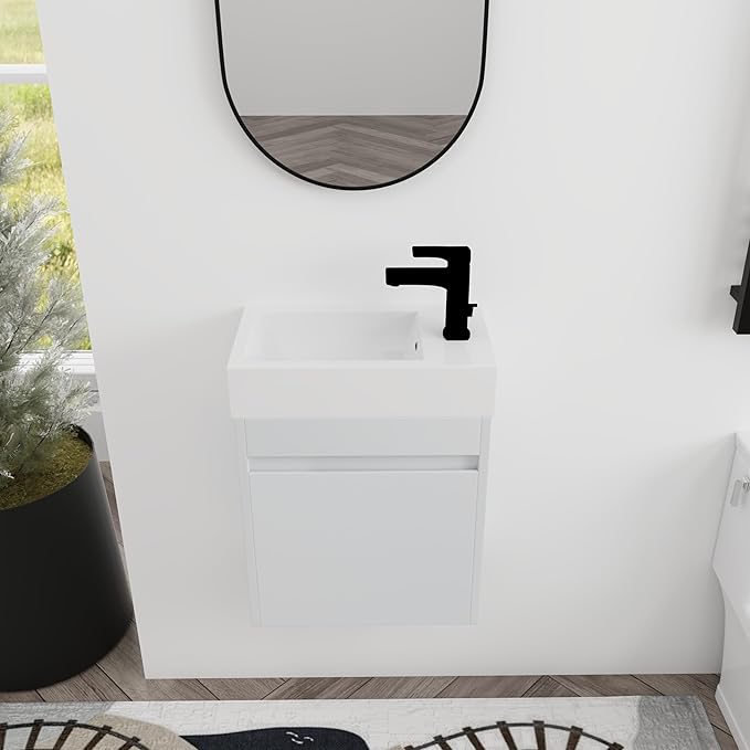 18 Inch Bathroom Vanity with Sink,Wall Mounted Bathroom Vanity Sink Combo with Soft Close Door for Small Space,Modern Floating Bathroom Vanity with Top Basin & Storage Cabinet,White