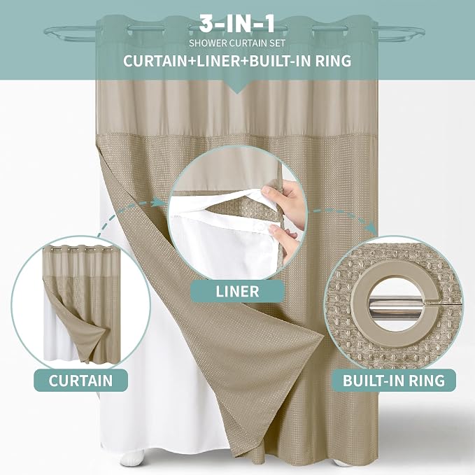 eachope No Hook Waffle Shower Curtain with Snap-in Liner, 71x74 Inch, Khaki | 230 GSM waffle weave fabric, waterproof liner set with 2 bottom magnets, mesh top window, washable, for bathroom or hotel use