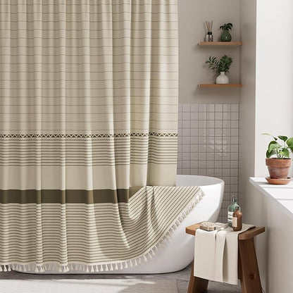 AmazerBath Farmhouse Shower Curtain, Brown Shower Curtain Set with Tassels, Rustic Faux Linen Brown Striped Boho Shower Curtain with Hooks, Warm Tan Toned, 72x72 Inches