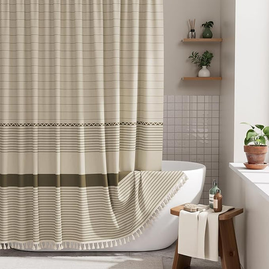 AmazerBath Farmhouse Shower Curtain, Brown Shower Curtain Set with Tassels, Rustic Faux Linen Brown Striped Boho Shower Curtain with Hooks, Warm Tan Toned, 72x72 Inches