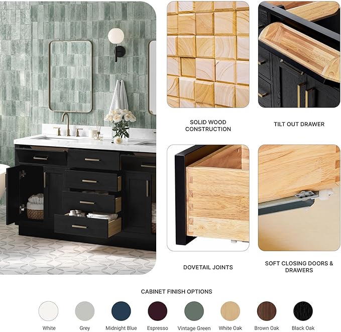 ARIEL Hepburn 66-inch Bathroom Vanity Base Cabinet,Solid Wood, 4 Soft Closing Doors, 6 Dovetail Drawers, Black Oak