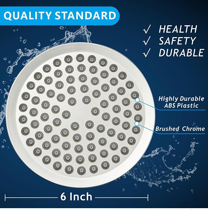 Voolan High Pressure Rain Shower Head - Luxury Modern Look - The Perfect Adjustable Replacement For Your Bathroom Showerhead - Comfortable Shower Experience Even at Low Water Flow (6“ Brushed Chrome)