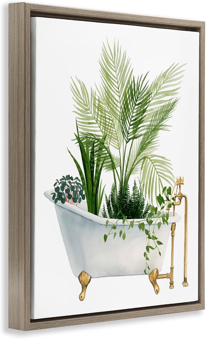 Vintage Tub Botanical, 24 x 30 Inch Canvas in Floater Frame | Stupell Industries · By Grace Popp · Ready to hang · Great for bathroom or laundry room · Made in USA