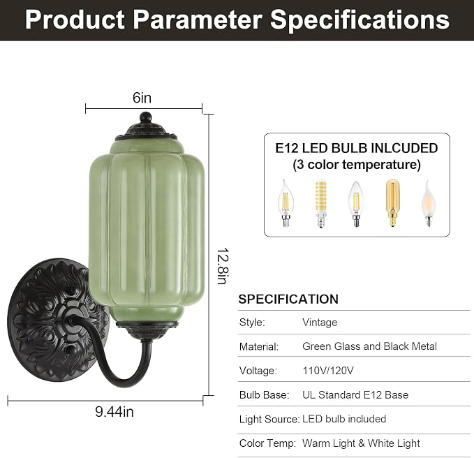 Green Glass Sconce Set of 2 Vintage Vanity Sconces Bulb Included | Green Glass Art Deco Antique Wall Sconce Wall Light for Bedroom Bathroom Living Room Entryway Antique Black and White 2 Pack