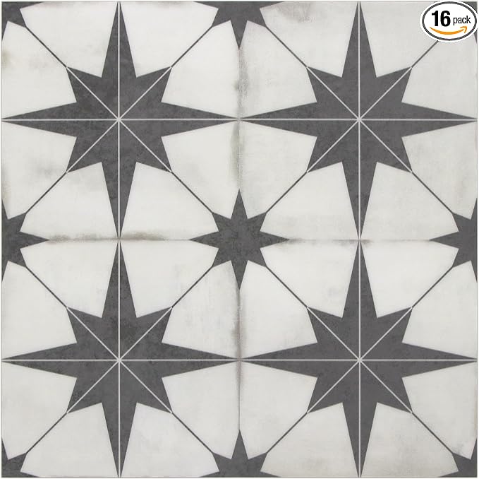 INNO STCIEKRS 16-Sheet Peel and Stick Floor and Wall Tile for Bathroom Kitchen, 9" x 9" Patterned Star SPC Self-Adhesive Vinyl Flooring Encaustic Groutable Backsplash Tile, Covers 9.12 Sq. Ft.
