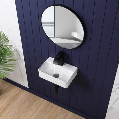Small Wall Mount Bathroom Vessel Sink 14"x10" Rectangular Floating White Porcelain Ceramic Wall Hung Vanity Basin Sink for Tiny Home,RV,Bathroom