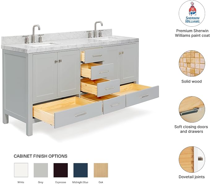 Beckford 72" Grey Double Bathroom Vanity with Sink, 2" Italian Carrara Marble Countertop, Rectangular Undermount Sinks, 4 Soft-Closing Doors, 6 Dovetail Drawers