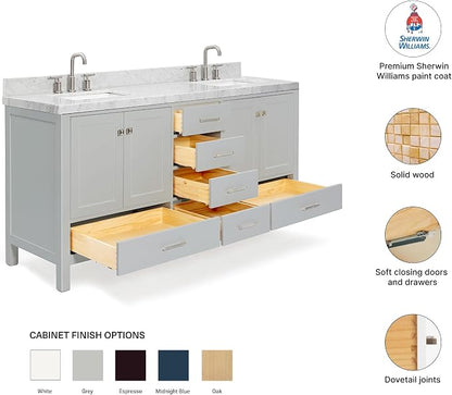 Beckford 72" Grey Double Bathroom Vanity with Sink, 2" Italian Carrara Marble Countertop, Rectangular Undermount Sinks, 4 Soft-Closing Doors, 6 Dovetail Drawers