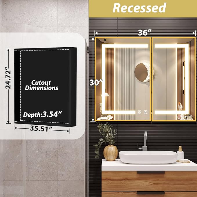 ROOMTEC 36 x 30 Inch Medicine Cabinet Mirror with LED Lights, Gold Bathroom Medicine Cabinet with Mirror and Storage, Recessed or Wall Mount, 3 Color Temperature, Dimmable Light