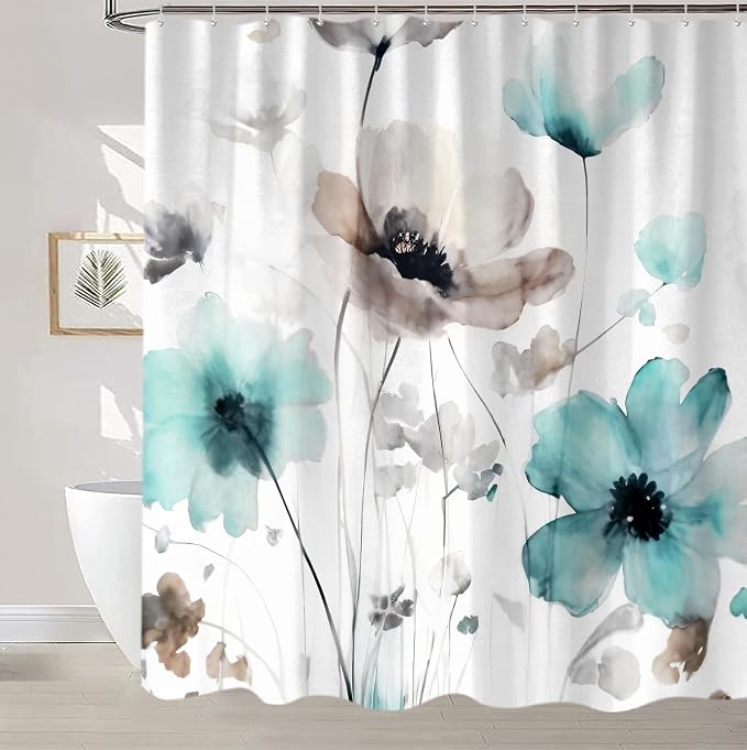 Sanzugh Boho Floral Shower Curtain, Cream Tan Beige Teal Grey White Flower Farmhouse Fabric Shower Curtains Set for Bathroom Decorative with Hooks 72 X 78 inch Spring Bath Decor