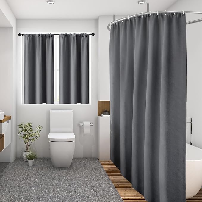 Shower Curtain Set, for Bathroom Decor 72" x 72", Grey Modern | Waffle Charcoal Solid Waffle Textured Cloth Waterproof Matching Window Shower Curtain 36 x 30 Inches