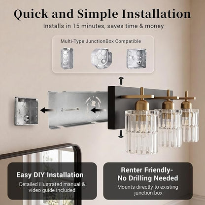 OCIOC Bathroom Vanity Light, 3-Light Black and Gold Vanity Lights over mirror, E26 Wall sconces with glass shape, Farmhouse Lighting fixture for bedroom, living room, hallway