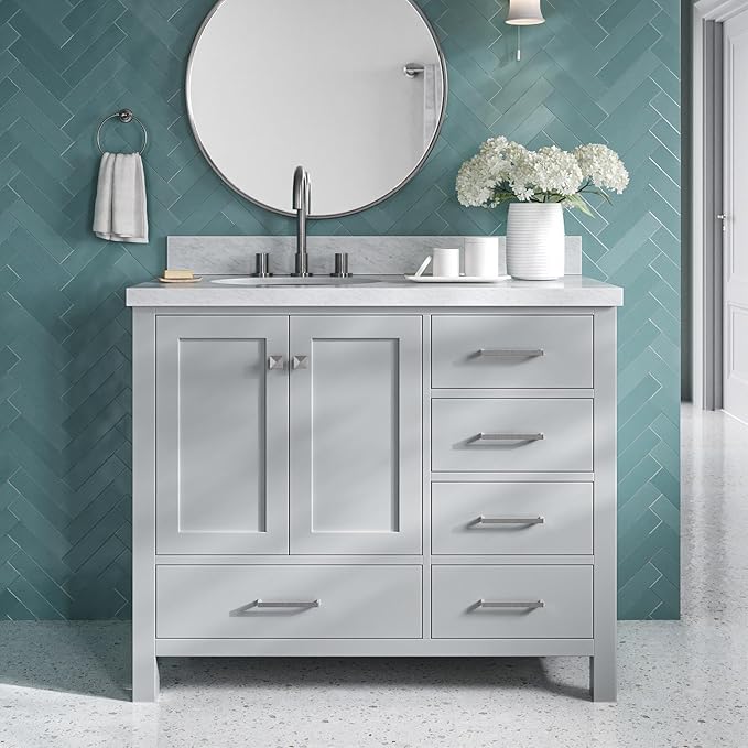 ARIEL Cambridge 42-inch Bathroom Vanity with Sink,Solid Wood, 1.5-inch Italian Carrara Marble Countertop & Backsplash, Single Oval Porcelain Sink, 2 Soft Closing Doors, 5 Dovetail Drawers, Grey