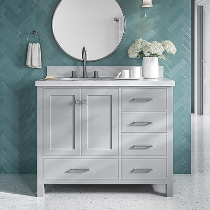 ARIEL Cambridge 42-inch Bathroom Vanity with Sink,Solid Wood, 1.5-inch Italian Carrara Marble Countertop & Backsplash, Single Oval Porcelain Sink, 2 Soft Closing Doors, 5 Dovetail Drawers, Grey
