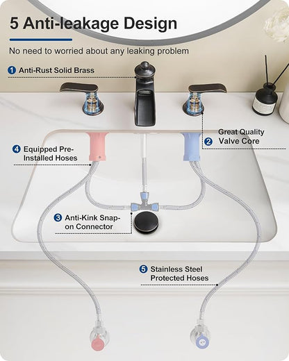 4-16 Inch Oil Rubbed Bronze Waterfall Bathroom Faucet 3 Hole, Brass Bathroom Sink Faucet 2 Handles Widespread with Pop-up Drain & cUPC Supply Hoses for Vanity, Lavatory, Restroom, Farmhouse