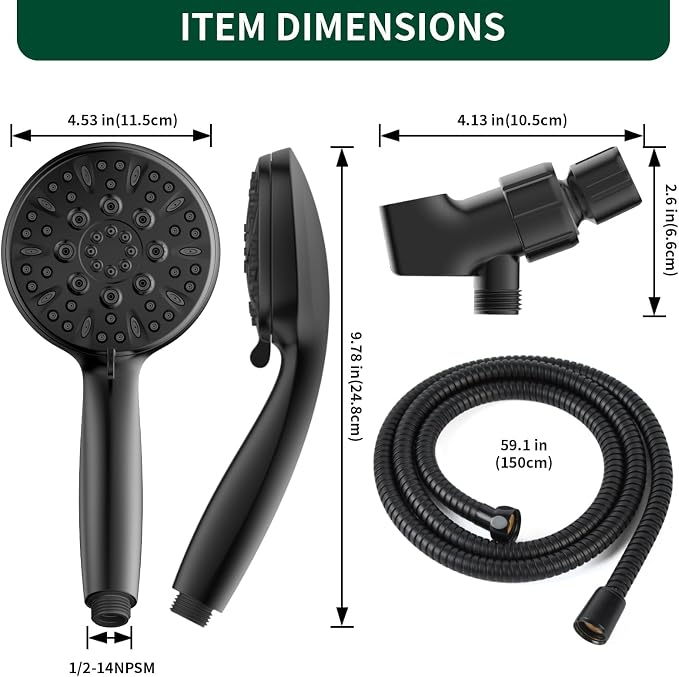 Matte Black Shower Head, 6 Spray Modes Handheld Showerhead | High Pressure Shower Heads with 59 Inch Stainless Steel Hose & Adjustable Shower Holder, Easy Installation, 4.53 Inch