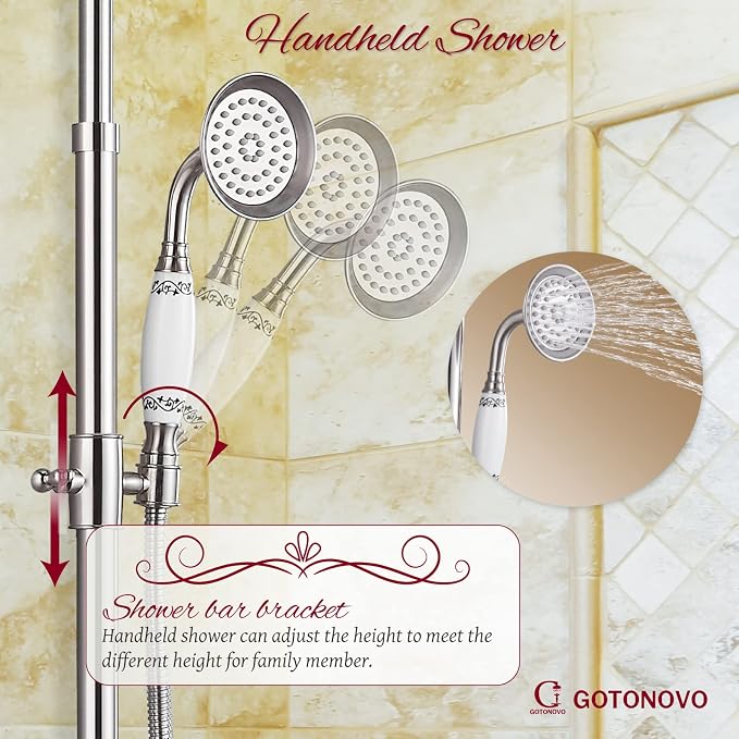 gotonovo Vintage Exposed Shower Faucet Set with Tub Spout,Brushed Nickel | Bathtub 8” Shower Head with Handheld System Fixtures Combo Kit,360°Rotation,Fast Filler,Extra Extension Tube,for 5-6.7" Hole