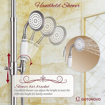 gotonovo Vintage Exposed Shower Faucet Set with Tub Spout,Brushed Nickel | Bathtub 8” Shower Head with Handheld System Fixtures Combo Kit,360°Rotation,Fast Filler,Extra Extension Tube,for 5-6.7" Hole