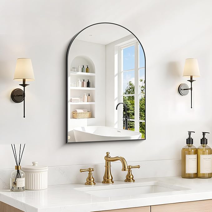 Arched Bathroom Mirror 16x24 Inch, Bathroom Mirror for Over Sink, Wall Mounted Vanity Mirror with Aluminum Frame & Tempered Glass, Ideal for Bedroom, Entryway, Living Room, Black