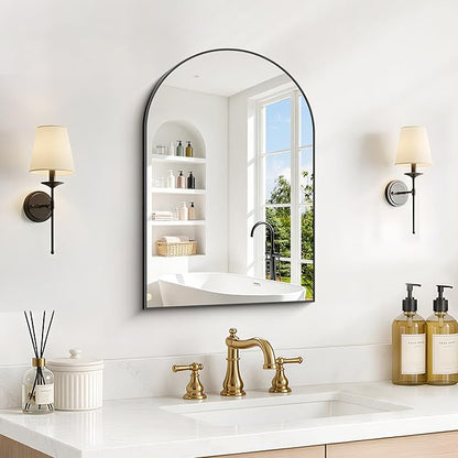 Arched Bathroom Mirror 16x24 Inch, Bathroom Mirror for Over Sink, Wall Mounted Vanity Mirror with Aluminum Frame & Tempered Glass, Ideal for Bedroom, Entryway, Living Room, Black
