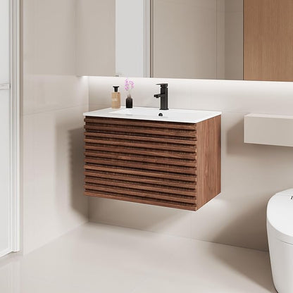 LUCKWIND 30" Floating Bathroom Vanity with Sink, Mid-Century Wall Mounted Big Drawer Cabinet with Large Sink, Water Saving Faucet and Wood Stripes Style, Walnut