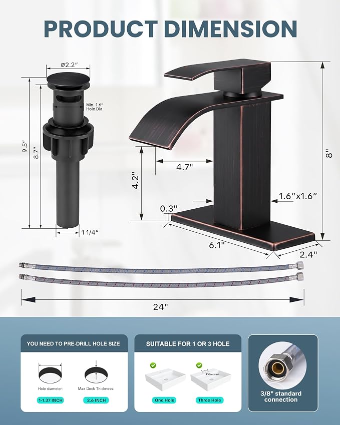 Oil Rubbed Bronze Bathroom Faucet - ARCORA Waterfall Bathroom Faucet Single Handle Mixer Tap Lavatory Vanity Sink Faucet with Deck Plate and Pop Up Drain, 1 or 3 Hole