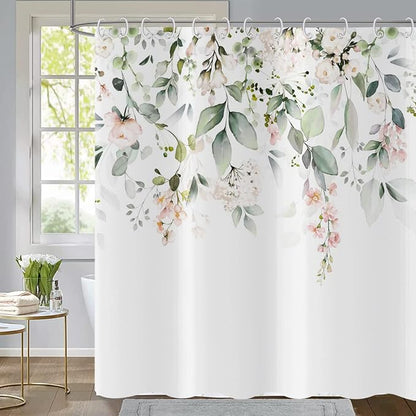 Spring Eucalyptus Shower Curtain, Sage Green Leaves Botanical Plants with Pink Flowers on The Top Fabric Bathroom Curtain Home Decor Waterproof Washable 12 Hooks 72.00'' x 72.00'' (GCI-9918)