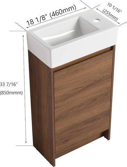 18-Inch Small Bathroom Vanity with Sink Mid-Century Bathroom Vanities with Top Basin Floor Wood Bathroom Sink Cabinet with Soft-Close Doors & Adjustable Storage Shelves(Walnut)