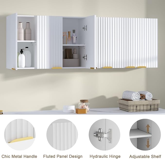 ChooChoo Bathroom Wall Cabinet, Laundry Room Cabinet with 3 Fluted Doors | Kitchen Storage Cupboard Cabinet with Adjustable Shelf, Fluted Wall-Mounted Medicine Cabinet for Kitchen, Garage, White