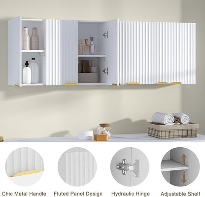 ChooChoo Bathroom Wall Cabinet, Laundry Room Cabinet with 3 Fluted Doors | Kitchen Storage Cupboard Cabinet with Adjustable Shelf, Fluted Wall-Mounted Medicine Cabinet for Kitchen, Garage, White