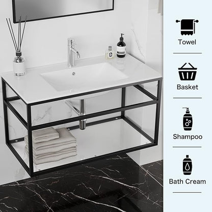 wonline 36" Bathroom Vanity Metal Frame with Sink Top, Floating Vanity with Open Shelf, Modern Wall Mounted Bathroom Cabinet Set with White Sink