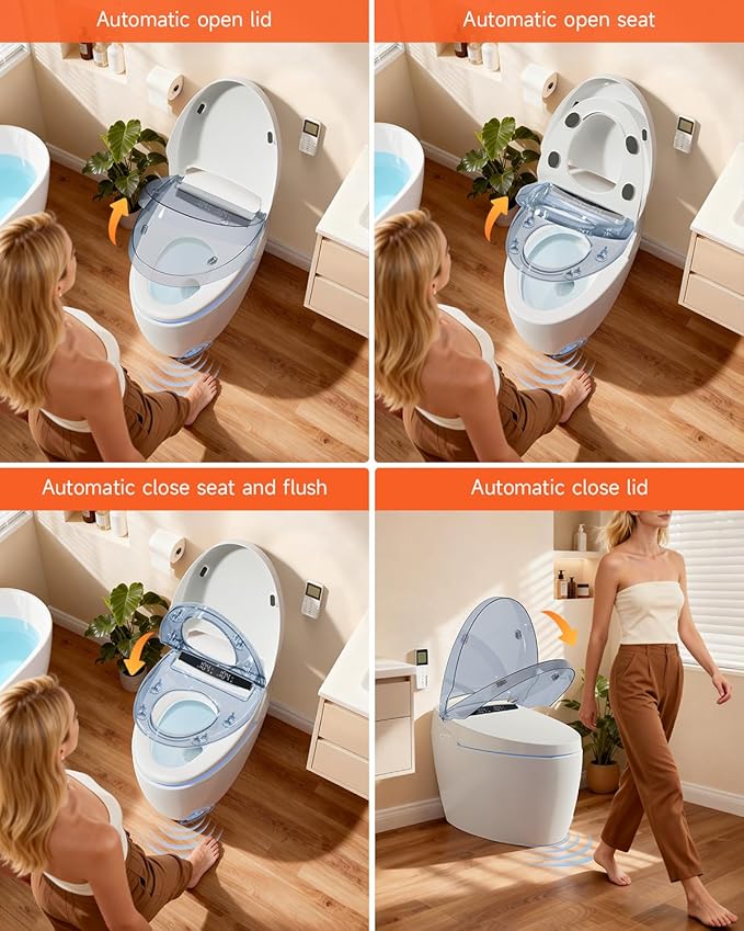 Smart Toilet with Advance Bidet And Auto Open Lid, Soft-closing Heat Seat, Tankless Auto Flush, Warm Wash/Dryer, Remote Controlr, Tankless One Piece Electric Toilet