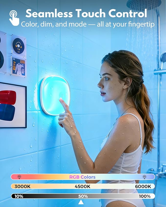 2Pack IP65 Waterproof Rechargeable Shower Light - 6″ 300LM Bright, 16 Color | Bathroom Mood Lighting with Touch & Remote, Magnetic Wireless Ceiling/Wall Light for Inside Shower/Bathtub