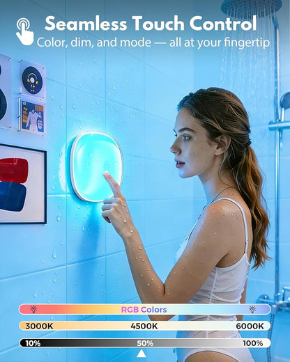 2Pack IP65 Waterproof Rechargeable Shower Light - 6″ 300LM Bright, 16 Color | Bathroom Mood Lighting with Touch & Remote, Magnetic Wireless Ceiling/Wall Light for Inside Shower/Bathtub