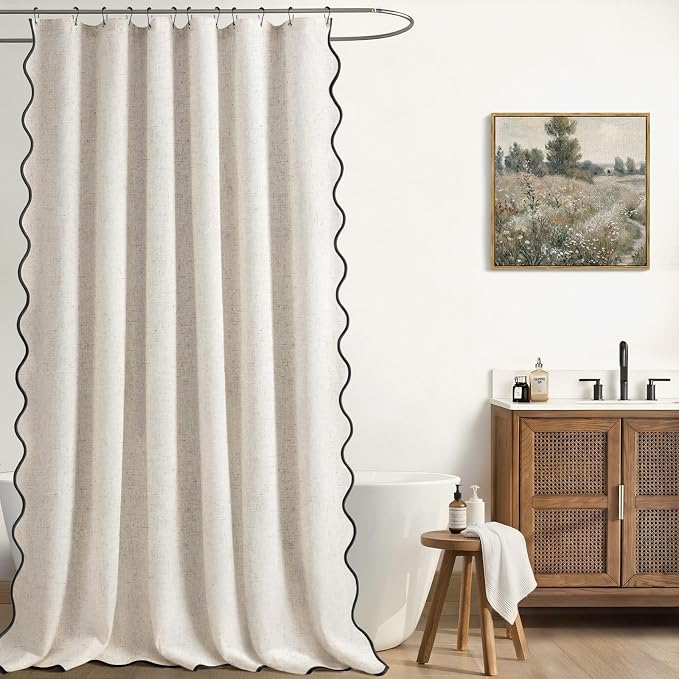 Scalloped Shower Curtain Linen Boho Ivory White 72" W x 72" L | Linen Fabric, Black Border, Washable, Heavy Duty Cloth, Shower Curtain for Boho Farmhouse Bathroom Bathtub