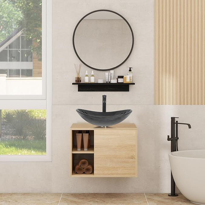 YOURLITE Bathroom Vanity, Black Clear Glass Sink, Wall-Mounted, 24" Floating Bathroom Cabinet with Mirror, Shelves & Faucet