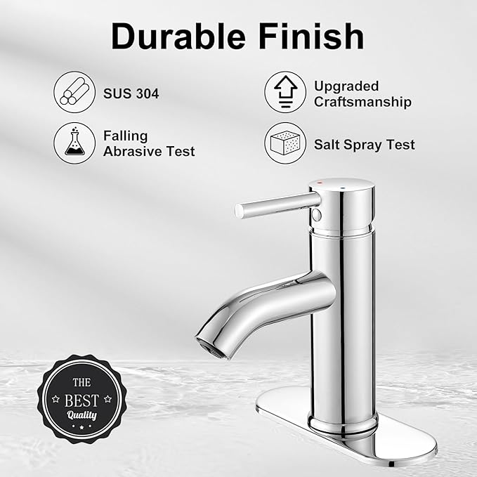 Bathroom Faucet Chrome Modern Bathroom Sink Faucet, Single Handle Faucet for Sink, Vanity, RV, Lavatory, Suitable for 1 or 3 Holes, with Supply Deck Plate and Hose
