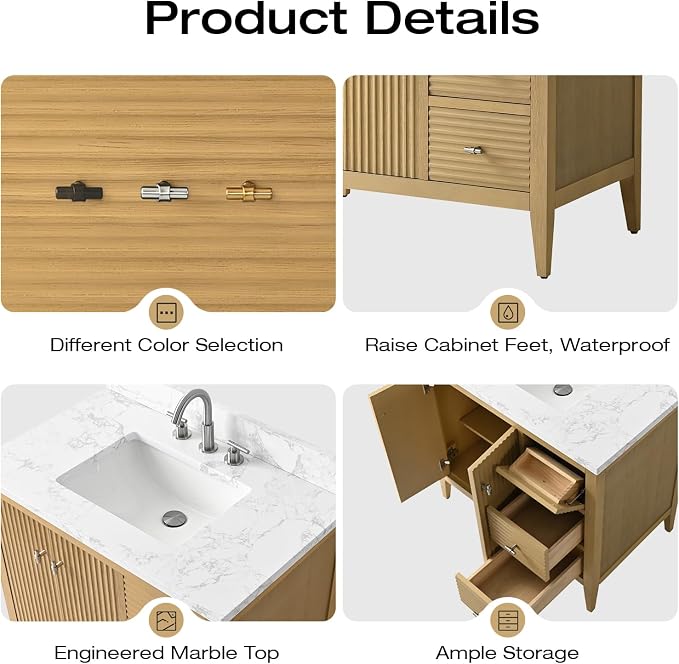 Vanity Art 30 inch Oak Bathroom Vanity with Single Sink & Ceramic Top, Vanity Cabinet with Soft-Closing Door, Solid Wood Frame, Linear Pattern, Natural Oak, VA9130-NO-MB,Matte Black Handles
