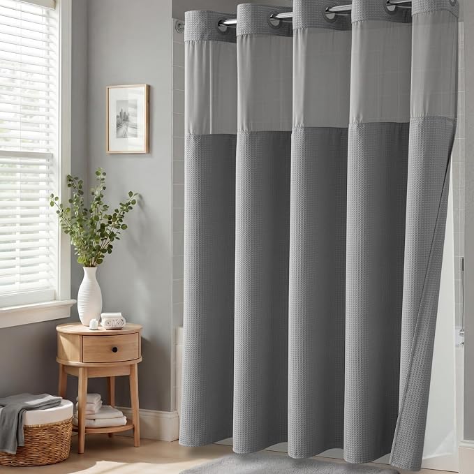Grey Hook Free Waffle Shower Curtain & Snap-in Fabric Liner,36x75 | Less Time to install, 3 in 1 Fabric Shower Curtain and Liner Set with Magnets, Stall, Shower Curtains for Bathroom