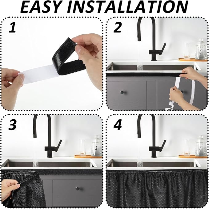 2 Pack Fabric Sink Skirt Diamond Bathroom Stitch Under Sink Skirt with Self Stick Adhesive Waterproof Fabric Under Sink Curtain Skirt for Extra Storage,Kitchen Sink Cover (Black,55 x 32Inch)