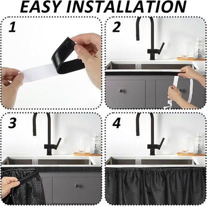2 Pack Fabric Sink Skirt Diamond Bathroom Stitch Under Sink Skirt with Self Stick Adhesive Waterproof Fabric Under Sink Curtain Skirt for Extra Storage,Kitchen Sink Cover (Black,55 x 32Inch)