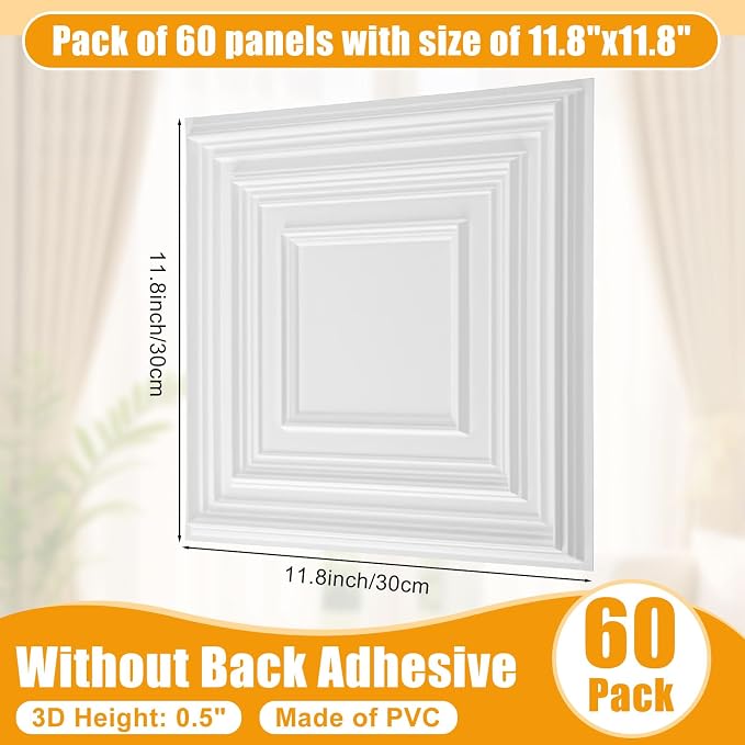 Nuanchu 60 Pcs Drop Ceiling Tiles 12x12 Inch, Glue up PVC Wall Panels,White | Cuttable, Paintable, DIY, Waterproof, 3D Decorative Ceiling Panels for Bathroom Kitchen TV Background Living Room
