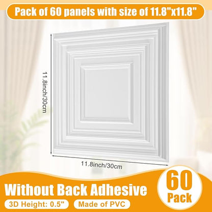Nuanchu 60 Pcs Drop Ceiling Tiles 12x12 Inch, Glue up PVC Wall Panels,White | Cuttable, Paintable, DIY, Waterproof, 3D Decorative Ceiling Panels for Bathroom Kitchen TV Background Living Room
