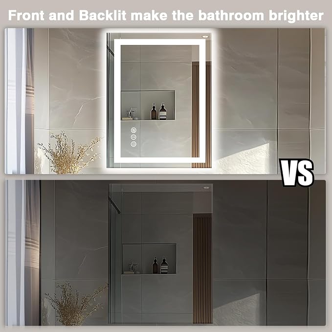 EchosLife 24"x32" LED Bathroom Mirrors for Wall | Backlit + Front Lit, Anti-Fog, Stepless Dimmable, 3 Colors, Memory, Tempered Glass, UL Listed, Horizontal/Vertical