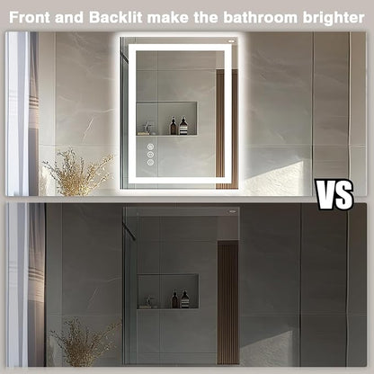 EchosLife 24"x32" LED Bathroom Mirrors for Wall | Backlit + Front Lit, Anti-Fog, Stepless Dimmable, 3 Colors, Memory, Tempered Glass, UL Listed, Horizontal/Vertical