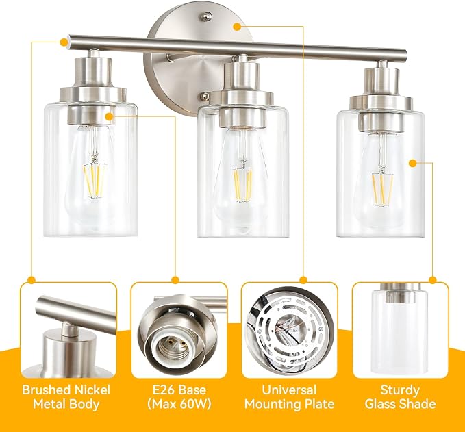 Vanity Wall Light Fixtures, Modern 3 Lights Wall Sconce with Clear Glass Shade, Brushed Nickel Farmhouse Wall Lamp for Bathroom Mirror Kitchen Porch Living Room Workshop (E26 Base) | Modern Wall Sconce with Clear Glass Shade, Brushed Nickel Farmhouse W...